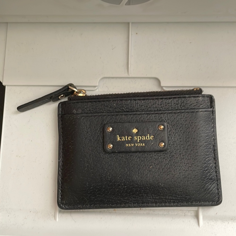 Kate Spade gold tone and black leather card holder/coin purse wallet